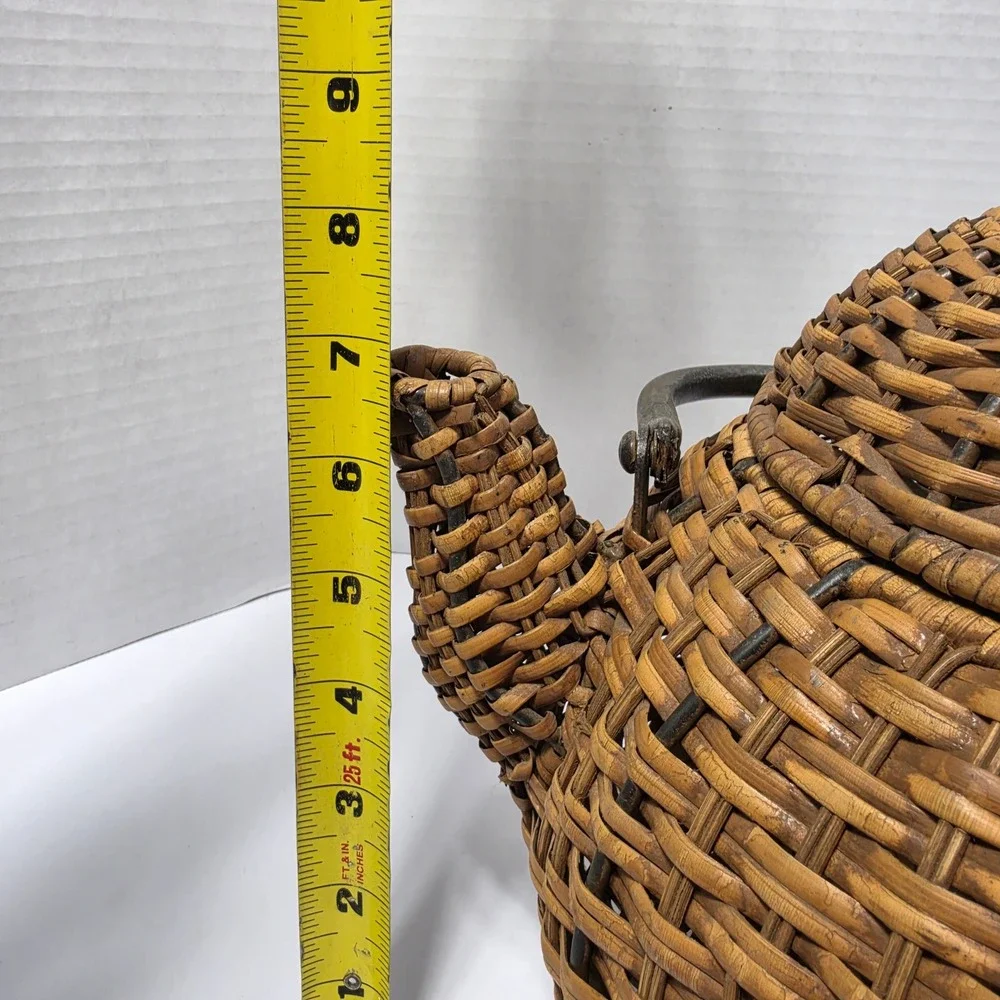 Rustic Woven Wicker Teapot Basket with Metal Leaf Vine Detail and Lid Brown